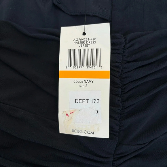 BCBGMAXAZRIA Ruched Jersey Halter Dress Sequin Trim Cocktail Y2K Navy Small NWT - Picture 8 of 14